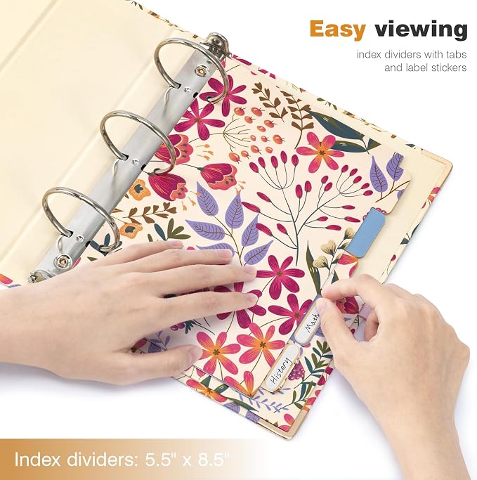 Ospelelf Mini 3 Ring Binder, 2 Inch, Cute Floral Binder for 5.5" x 8.5" with 5 Tab Dividers, File Folder Labels and Low Profile Clipboards