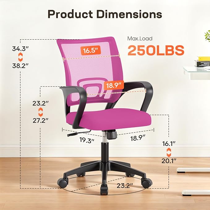 BestOffice Ergonomic Office Chair | Mid-Back Swivel Desk Chair | Pink | with Lumbar Support, Adjustable Height & Breathable Backrest | Sponge Seat & Rolling Wheels | for Home, Office | Pack of 1