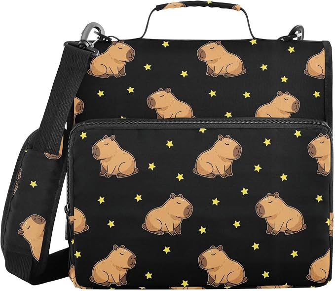 Capybara Stars Black Print Zipper Binder Bag 3 Ring with Shoulder Strap & Handle Multi Pocket Binder Organizer Bag Large Capacity for School Office Supplies