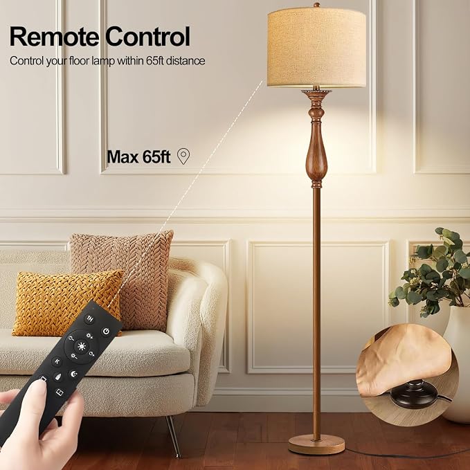 Wood Floor Lamps for Living Room Farmhouse Boho Floor Lamp with Remote Control & 3 Color Temperature,Dimmable Vintage Floor Lamp Mid Century Modern Standing Lamp Pole Tall Floor Lamp Bedroom Corner