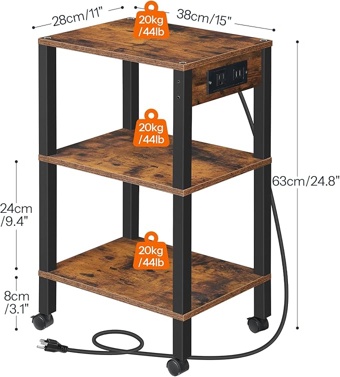 HOOBRO 3-Tier Printer Stand with Charging Station, Under Desk Printer Table, Printer Cart with Storage Shelves, Shelf for Small Spaces, for Home Office, Rustic Brown and Black BF63UPS01