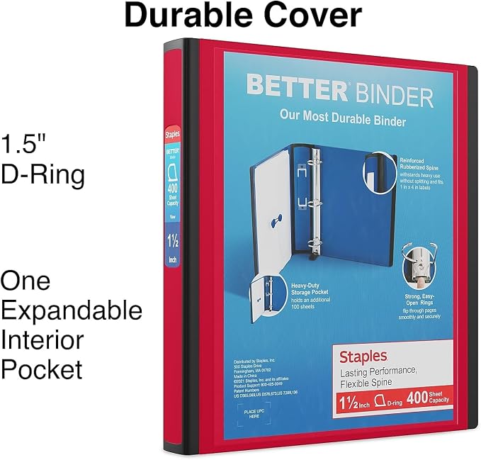 Staples Better Binder, 1.5-Inch D-Ring View, Red, Holds 350 Sheets | Reinforced spine for durable everyday use in office and school settings.
