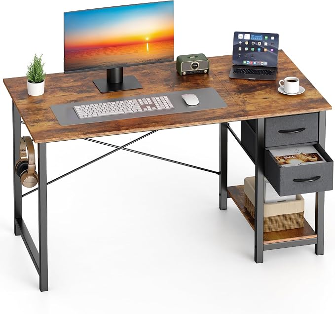 Sweetcrispy 40-Inch Computer Desk with Drawers, Office Desk, Brown | Small Desk for Bedroom Home Office with Side Hook, Modern Simple Desk with Storage for Writing