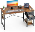 Sweetcrispy 40-Inch Computer Desk with Drawers, Office Desk, Brown | Small Desk for Bedroom Home Office with Side Hook, Modern Simple Desk with Storage for Writing