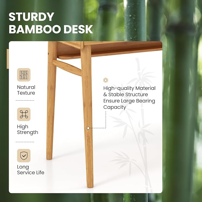 GIANTEX Computer Desk, 39.5" Bamboo Home Office Desk with 2 Storage Drawers and Open Shelf, Makeup Table Vanity Desk, Modern Writing Desk Computer Workstation for Bedroom, Study, Natural