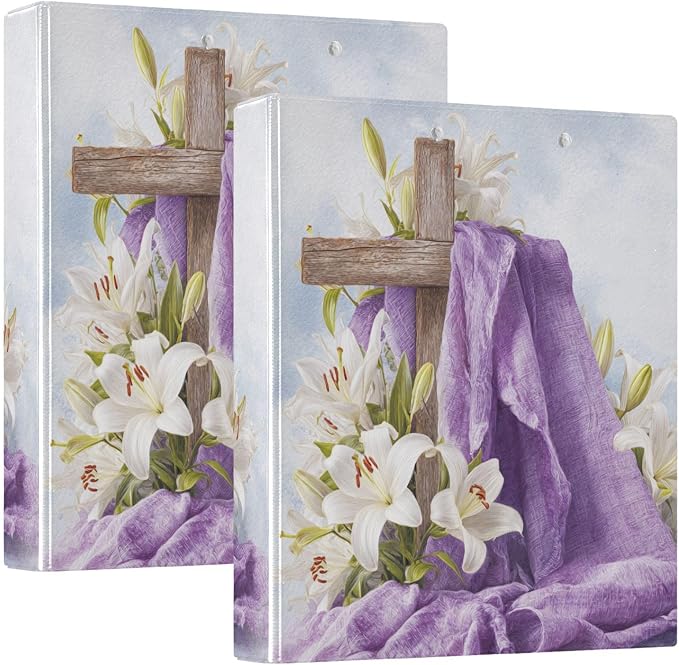 Holiday Cross&Lily Christian Easter Binder 3 Ring 1.5 Inch Binder with Clipboard&Pockets, Hardcover Binders Heavy Duty Large File Folder for Office School Supplies - Holds 200 Sheets, 2 PC