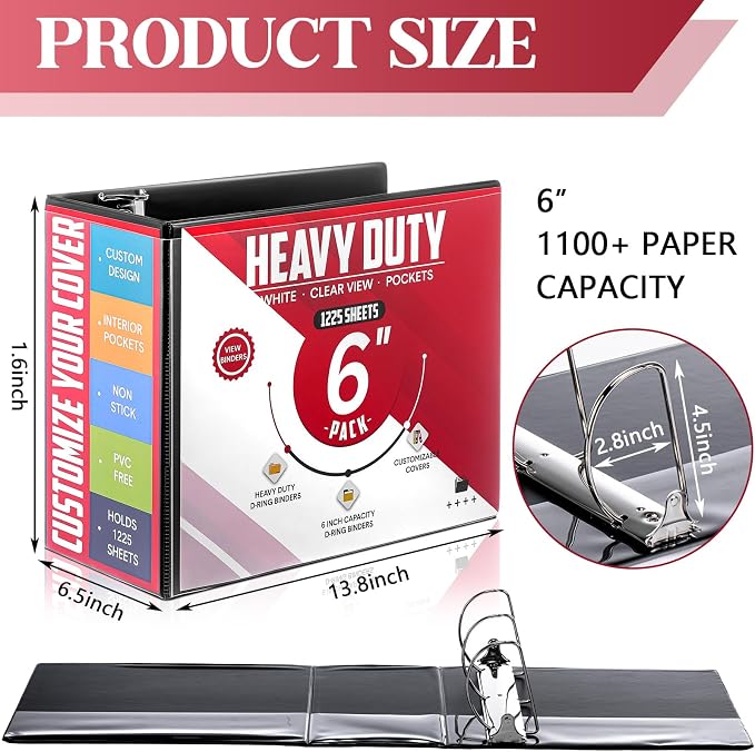 Sinload 6 Pcs 3 Ring Binder, 6 Inch Large Capacity D Ring Binders with Pockets, 8.5" x 11" Presentation Folder View Binder with Customizable Clear Cover for Documents Files Projects (Black)