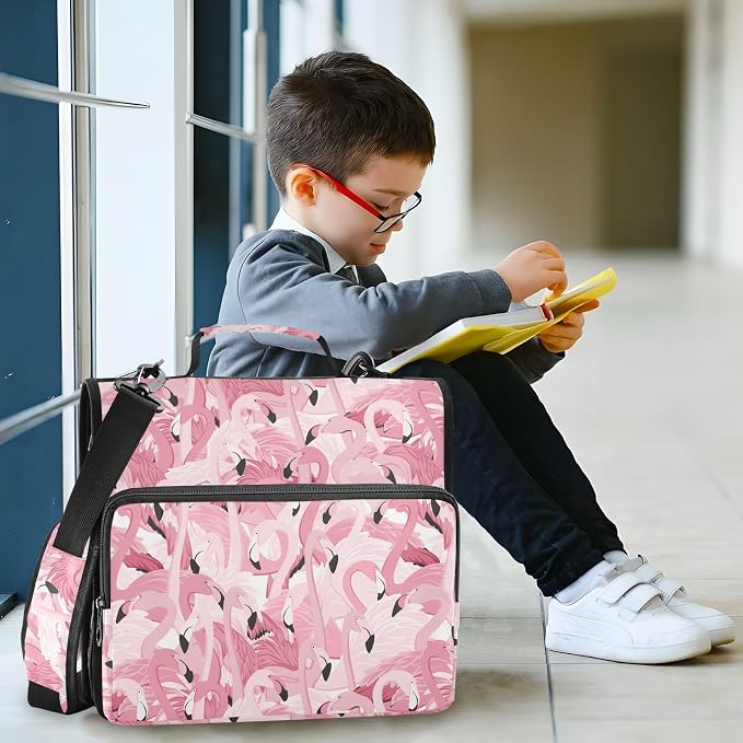 Pink Flamingo Print Zipper Binder Bag 3 Ring with Shoulder Strap & Handle Multi Pocket Binder Organizer Bag Large Capacity for School Office Supplies