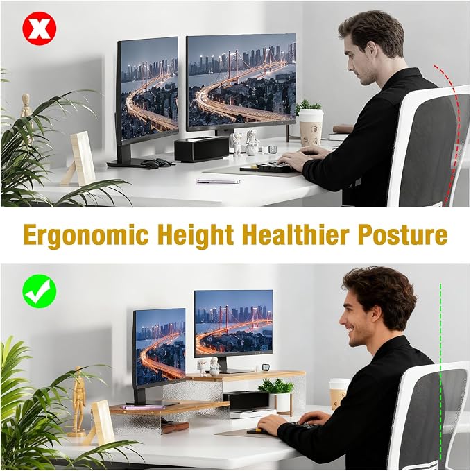 YGYQZ Adjustable Monitor Stand Riser, 9.4" ×19.3" Dual Monitor Desk Stand | Adjustable Monitor Riser, Expandable Desk Organizer, 2-Tier Storage, Acrylic Legs, Ergonomic Workspace, Wood Glacial Striae