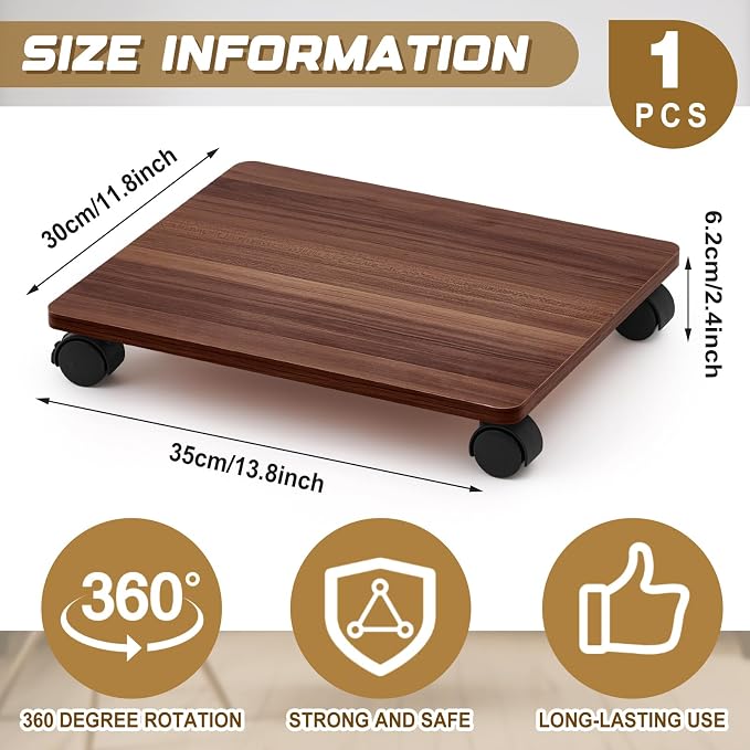 Beeveer 2 Pcs Office Under Desk Printer Stand with 4 Caster Wheels Walnut Movable Printer Copier Shelf and CPU Holder for Home Office Heavy Duty Storage Rack Scanner Fax Machine, 13.78 x 11.81 Inches