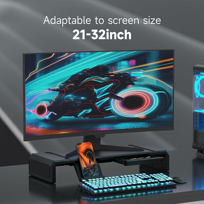 Heymaster Monitor Stand Riser with Drawer, Foldable & Adjustable Length Computer Stand with Phone & Tablet Holder, Space Saving Desk Organizer Shelf for Home Office, Laptop, Desktop