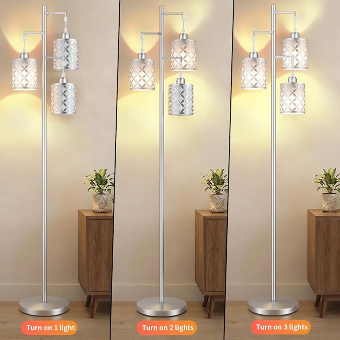 Dimmable Floor Lamp, Farmhouse Standing Lamp with Elegant Metal Cage, Industrial Tall Tree Floor Lamps for Living Room Bedroom Study Office with Remote & 3x 1100LM 12W LED Bulbs, 72" Silver