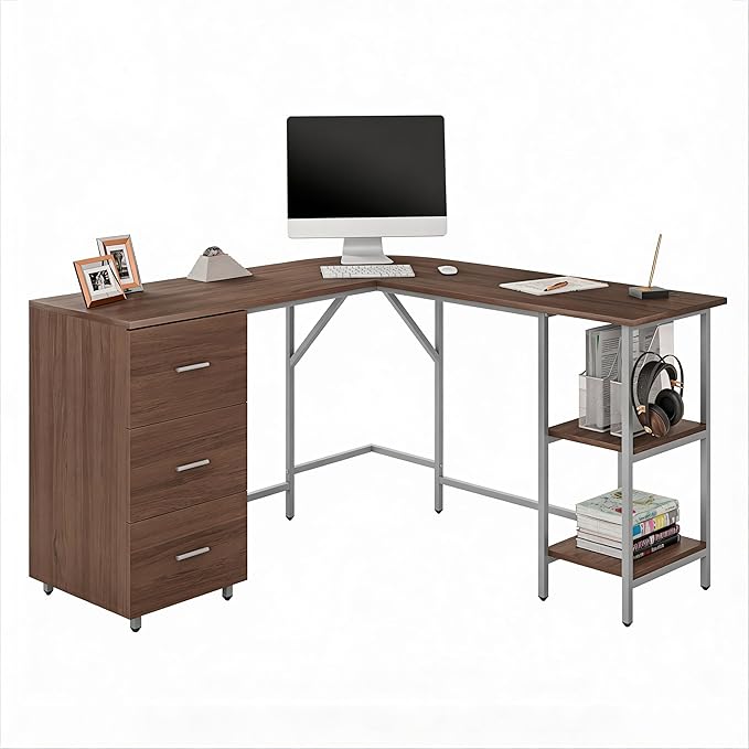 Techni Mobili L Shaped Desk - Two-Toned Computer Desks for Home Office with Storage Shelves & Cabinet - Simple Modern Furniture & Office Space Corner Table for Work & Writing - Grey & Walnut | 59" two‑tone L‑shaped desk with storage shelves, durable fr...