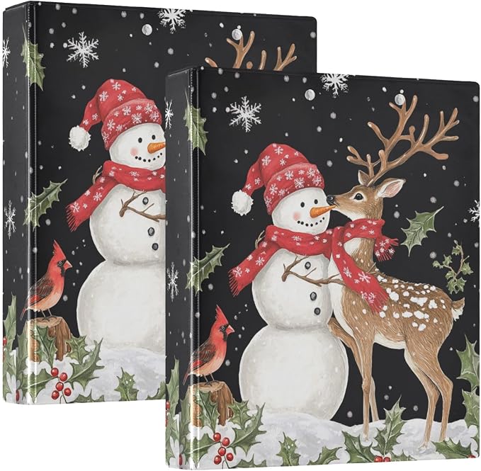 Cute Winter Snowman Deer Red Bird 3 Ring Binder 1.5" Decorative D-Ring Binder with Clipboard&3 Clear Pockets, Holds 200 Sheets A4 Size Paper Waterproof Binders for School Home Office