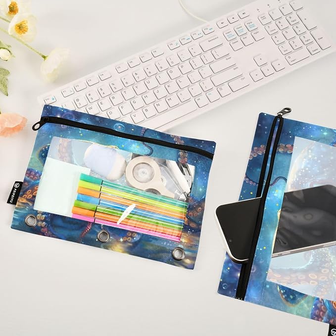 Octopus Galaxy Pencil Pouch for 3 Ring Binder, 2 Pack Waterproof Pencil Bags Clear Window Zipper School Office Supplies