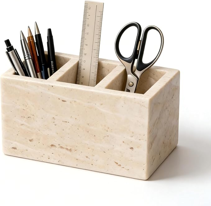Travertine Desk Organizer, 3 Compartment Pencil Holder | for Pens, Makeup Brushes, Office Supplies and Bathroom Counter Decor, 5.91 x 3.94 x 3.94 in