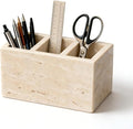 Travertine Desk Organizer, 3 Compartment Pencil Holder | for Pens, Makeup Brushes, Office Supplies and Bathroom Counter Decor, 5.91 x 3.94 x 3.94 in