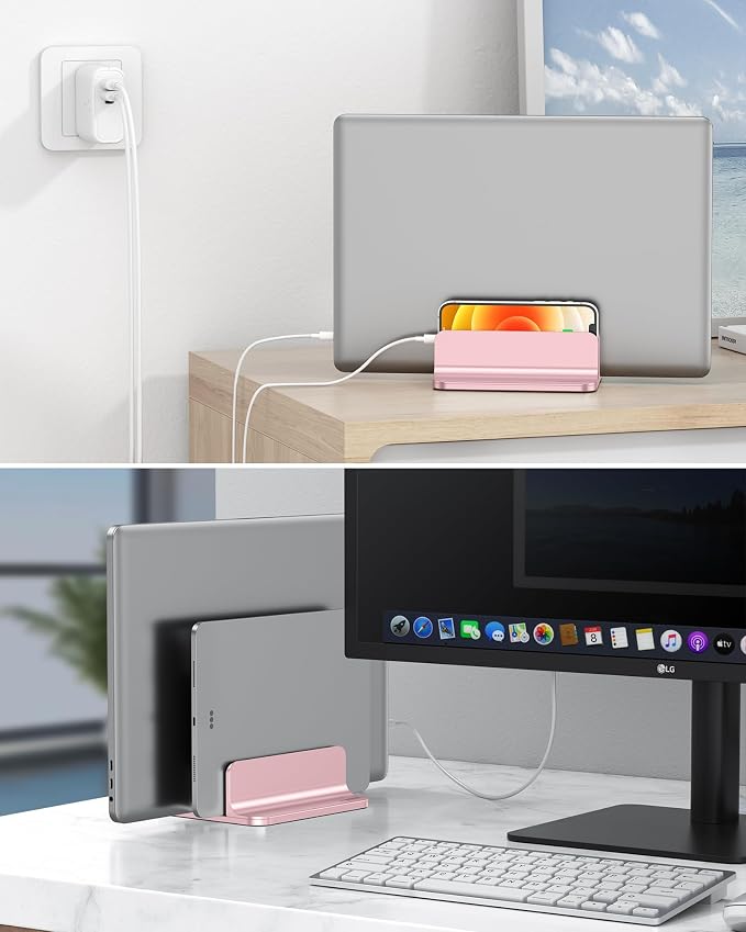 OMOTON Dual Vertical Desk Laptop Stand Holder, Fits MacBook Air, Rose Gold | Aluminum Laptop Storage Rack for Desk, Adjustable Dock for Up to 17.3 in. Gaming Laptop, Space-Saving Desk Organizer