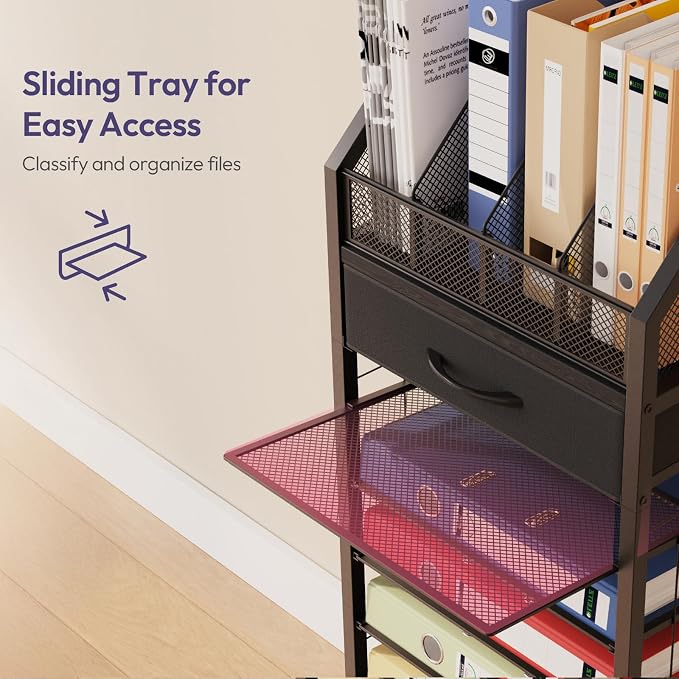 SWTYMIKI 9-Tier Rolling File Cart - Paper Organizer with Drawer and Trays, Wood Desk Office Organizer, Office Organization and Binder Storage for Workspace, Home, School, Black