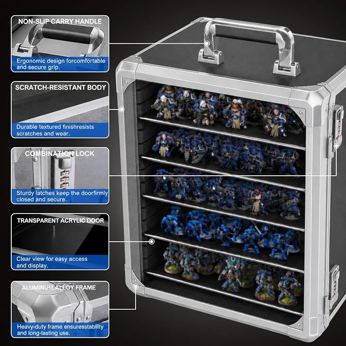Miniature Carrying Case for Wargame Figures, Mini Display Case, Large | Aluminum Alloy, 5 Metal Trays, Combination Lock, Shoulder Strap, Storage Case for Collectibles, Tabletop Figure