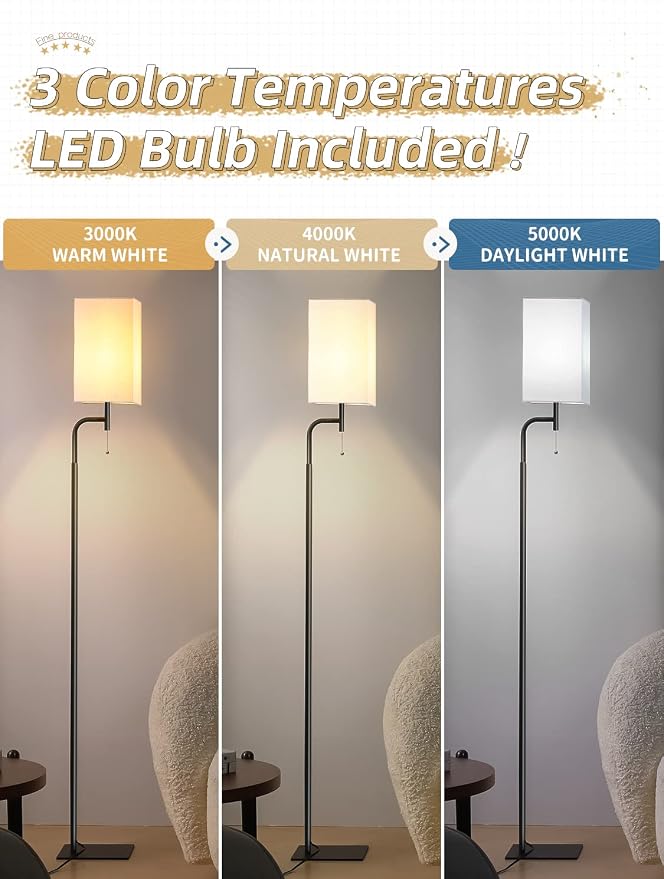 Modern Floor Lamp for Living Room, Linen Shade with Slim Base Design | Fits behind sofas and sectionals|Space-saving design for compact spaces|3 color temperatures for bedrooms and offices