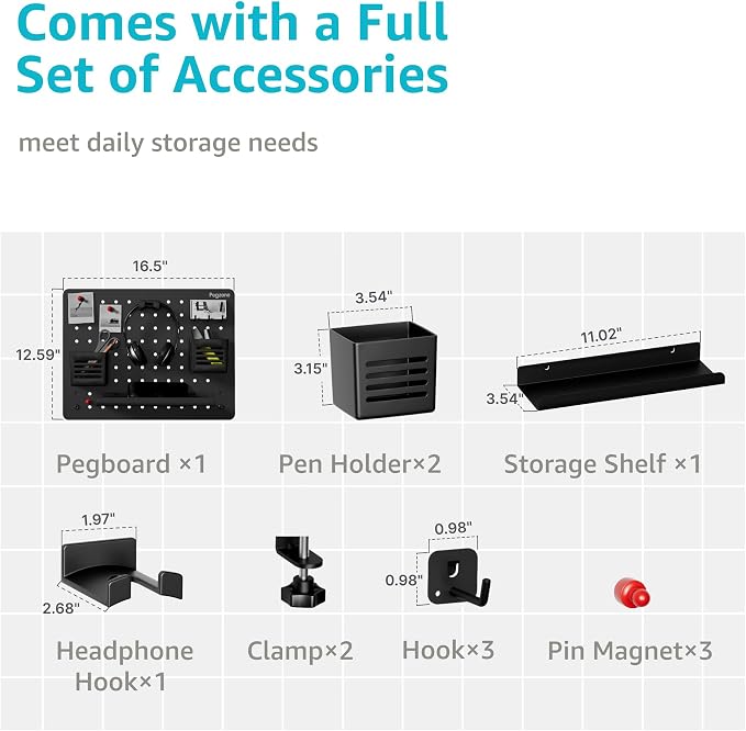 Clamp on Desk Pegboard, 16.5" x 12.6", with 10 Accessories, Black | Magnetic Metal Peg Board, Desk Organizer for Office Gaming Home, Privacy Panel, Medium