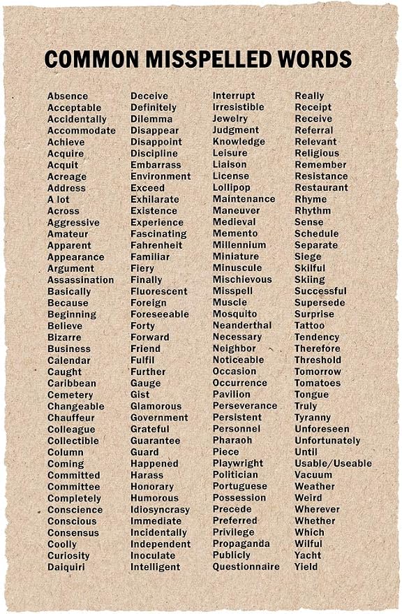 Commonly Misspelled Words Poster Writing Spelling For Elementary Middle Or High School Classroom Cool Wall Art Print Poster 12x18