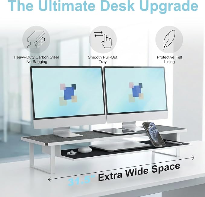 Dual Monitor Stand Riser, 31.5 Inch Extra Wide Thick Heavy Duty Carbon Steel 2 Tier Desktop Organizer with Pull Out Layered Shelf,for Home Office Gaming Curved Monitors