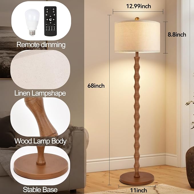 ZECOXOL Wood Floor Lamp with 3 Color Temperatures,Boho Floor Lamp with Remote Control,Dimmable Vintage Floor Lamp Mid Century Modern Standing Lamp Farmhouse Tall Pole Lamp for Living Room Bedroom