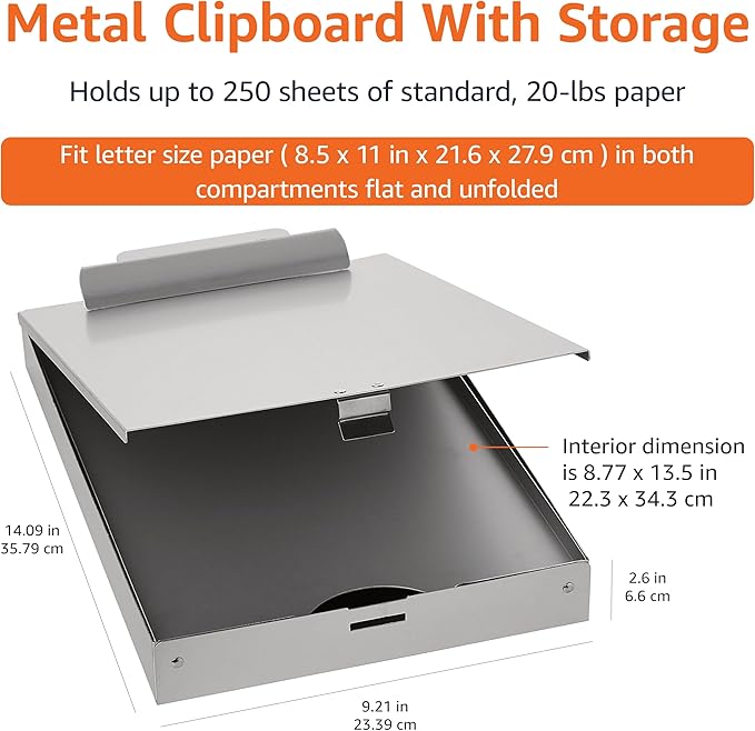 Amazon Basics Metal Clipboard with 2 Storage Compartments, Letter Size, 250 Sheet Capacity, Office Supplies with Self-Closing Latch, 14.1 x 9.2 x 2.6 inches, Silver