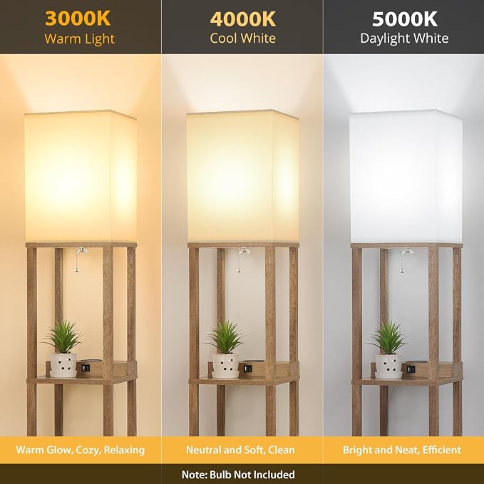 Shelf Floor Lamp with Wireless Charger, USB, Type C, AC Port, Wood | Fast Charging USB Ports & Type C Port & 2 Power Outlets, 3 Tier Storage Shelf Lamp, E26 Base, 60W Max(Bulb Not Included)