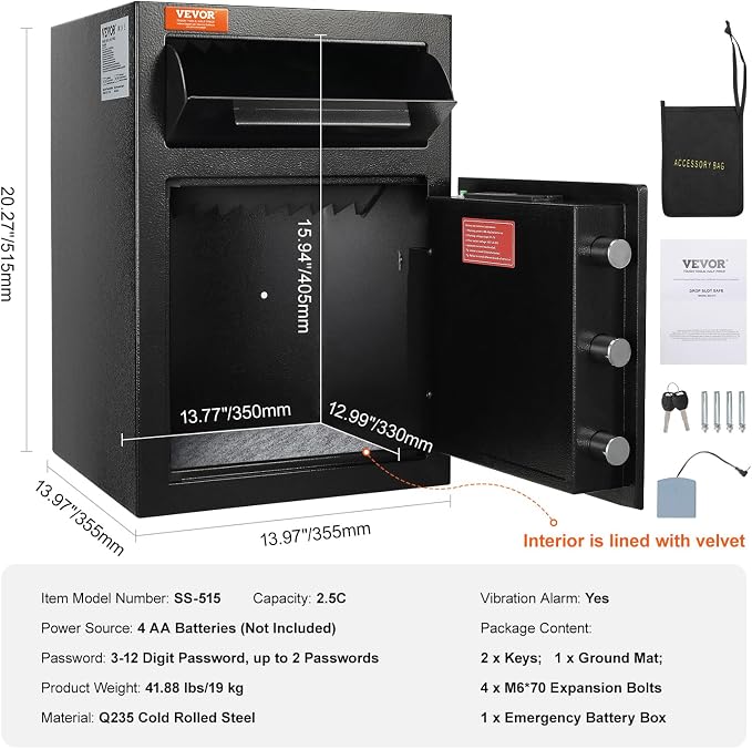 VEVOR 2.5 Cub Depository Safe, Deposit Safe with Drop Slot, Electronic Code Lock and 2 Emergency Keys, 20.27'' x 13.97'' x 13.97'' Business Drop Slot Safe for Cash, Mail in Home, Hotel, Office