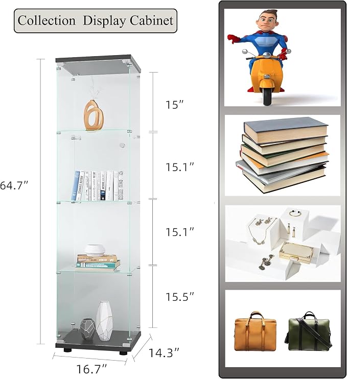 Frameless Glass Display Cabinet, Curio Cabinet Display Case with LED Lights and Lock, Quick-Install Floor Standing Showcase Display Shelf for Collectibles, Legos, Figures, Plants