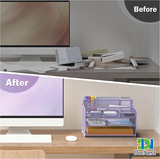 Docnest 3 Tier Mesh Desk Organizer with Letter Tray & Paper Sorter, Purple | Features 3 built-in pen holders & 5 adjustable compartments on top. Includes 4 non-slip rubber feet for desk protection