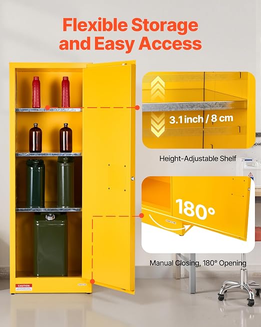VEVOR Flammable Cabinet 18" x 23" x 65", 23 Gallon Flammable Storage Cabinet with Adjustable Shelf, Cold-Rolled and Galvanized Steel Fire Cabinets, for Commercial Industrial Home Use, Yellow