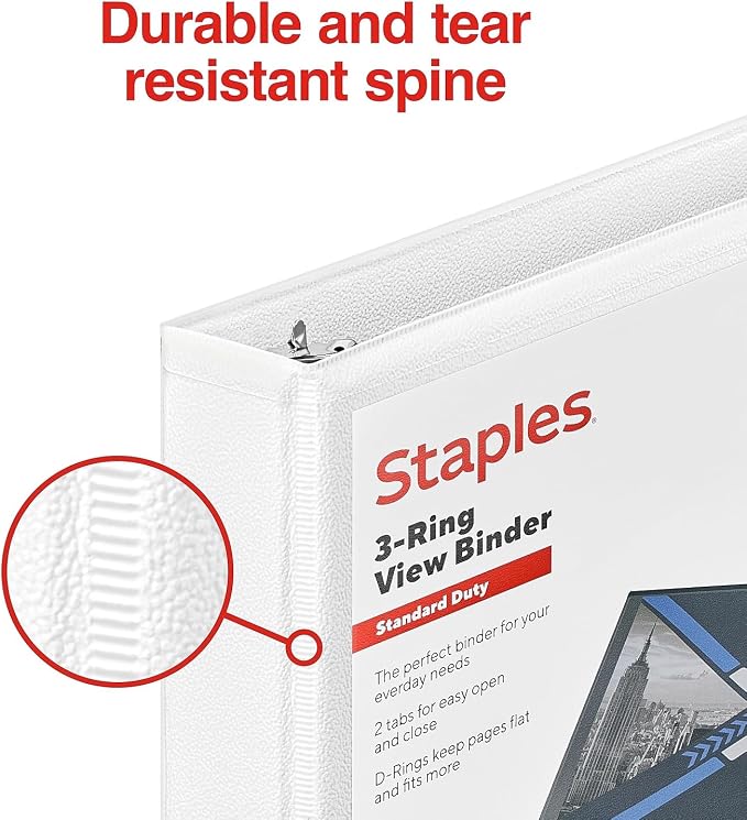 Staples Standard 0.5-Inch 3-Ring View Binder, Holds Up to 100 Sheets, White, Slim Binder for Office, School & Home