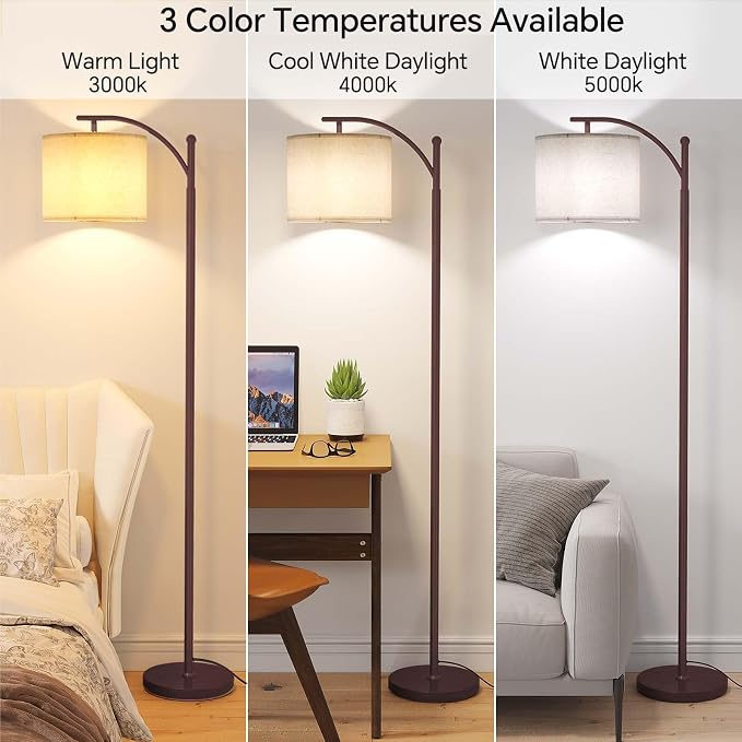 SUNMORY Arc Floor Lamp, Modern Floor Lamp with 9W 3 Color Temperatures Bulb | Metal Standing Lamps with Adjustable Hanging Lampshade, Tall Floor Lamps for Living Room, Bedroom, Office, Brown