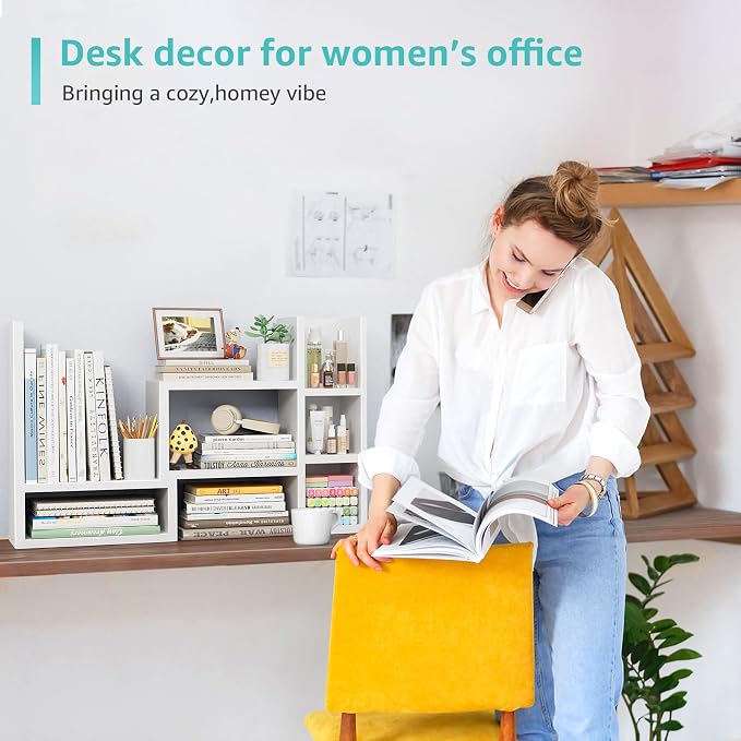 NUTIKAS Desk Shelves Desktop Organizer Shelf - White Office Organization for Top of Desk Organizers and Accessories Corner Bookshelf Table Top Shelving Small Hutch Decorations for Women Office