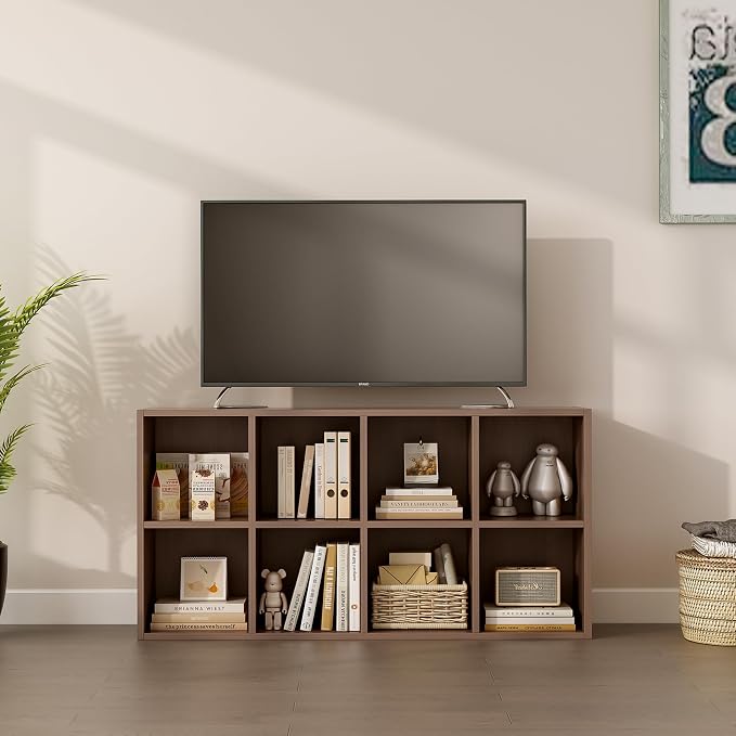 8-Cube Storage Shelf Bookcase, Walnut | Wooden 4-Tier Open Bookshelf, Fits 11×11" Bins, Vertical or Horizontal Use, Full Back Panels, For Home Office