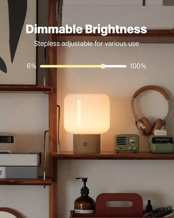 Halo Mushroom Lamp, 5W Cute Cordless Rechargeable Table Lamp with Glass Shade, 3 Color Temps LED Dimmable Ambient Lighting, Small Retro Touch Bedside Light for Bedroom Decor, Mustard Yellow