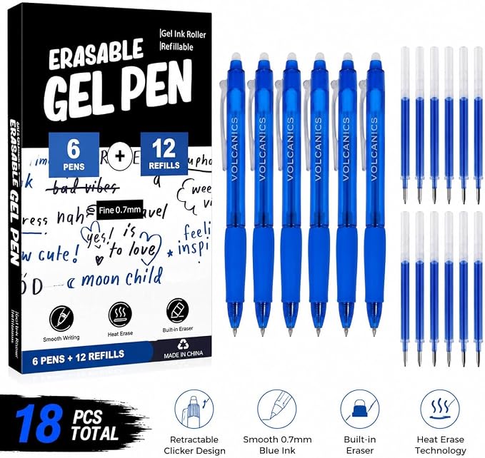 Volcanics Retractable Erasable Gel Pens, Blue Ink, 18 PCS, 0.7mm
