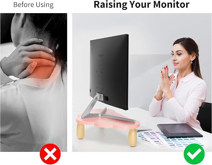 AFOOYO Monitor Stand Riser,Cloud-Shaped Sturdy Wood 16.5In Computer Monitor Riser Wirh Drawer, Multi-Purpose Desktop Organizer Riser for Computer,Laptop,Printer,TV,Pink