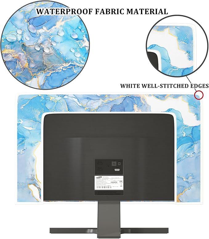 Baocicco Baby Blue Gold Marble Waterproof Screen TV Cover 32 Inch Modern Television Accessories Laptop TV LCD Fashion Weatherproof Screen TV Decorations for Tablet LED LCD OLED TVs