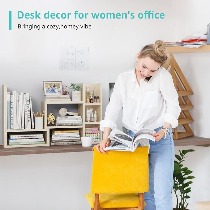 NUTIKAS Desk Shelves Desktop Organizer Shlef - Natural Wood Tone Office Organization for Top of Desk Organizers and Accessories Corner Bookshelf Table Top Shelving Small Hutch Decorations for Office