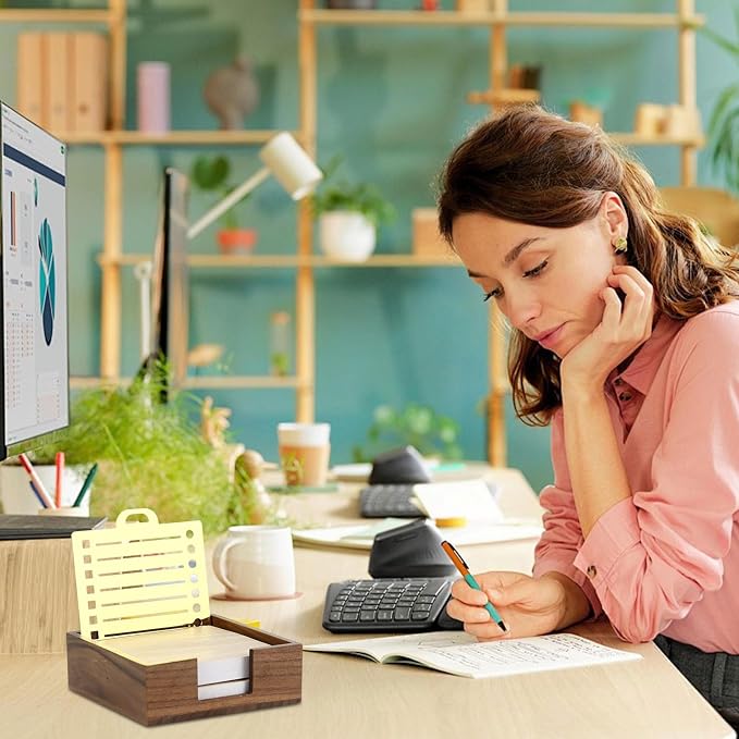 Buqoo Sticky Note Holder, Walnut Wood Post It Note Dispenser for Office Desk Supplies Organizer Accessories for Office Home Schools | Metal Stencil, 2* Sticky Notes 3"x3", Post It Note Dispenser Sticky Note Pad Holder Organizer for to Do Lists, Grocery...