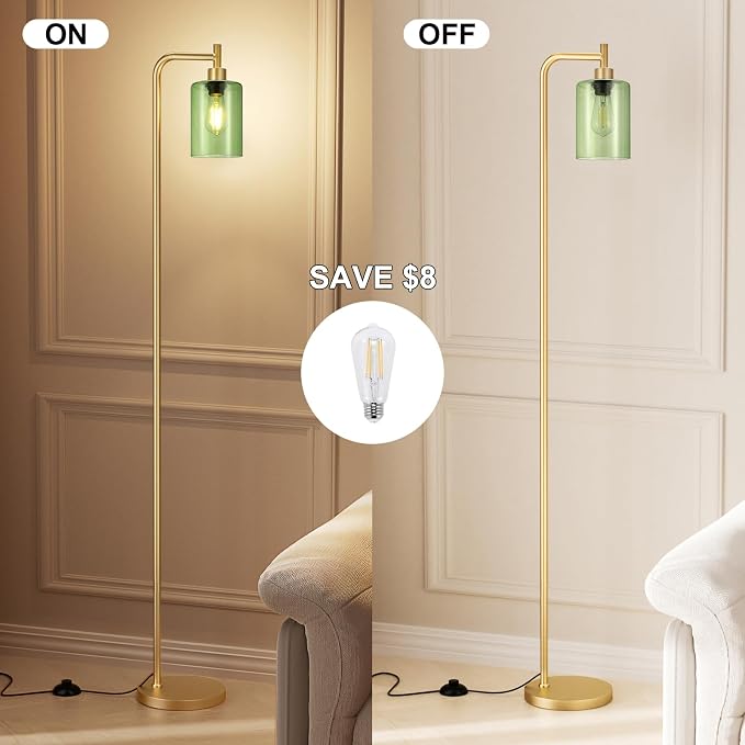 Ziisee Floor Lamps for Living Room - Industrial Standing Lamp with Green Glass Shade, Modern Gold Floor Lamp with LED Bulbs, Farmhouse Floor Lamp for Bedroom, Tall Lamp for Office