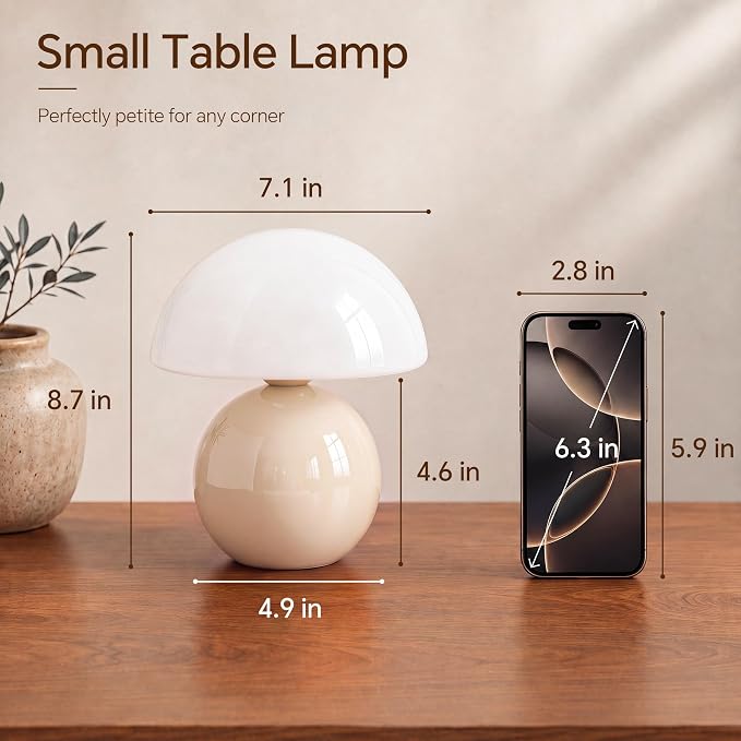Mushroom Lamp Table Lamp for Bedroom-Small Desk Table Lamps,Cream | 8.7" Mid Century Modern Table Lamps for Living Room Bedroom Decor,Cute Ceramic Lamps for Mushroom Home Room Decor,Glass Shade