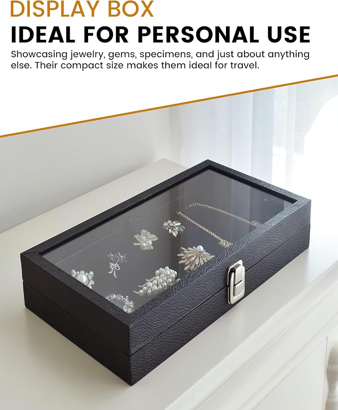 Novel Box Jewelry Organizer Box Black Leatherette 6X3.75X2 Small Size Glass Jewelry Box with Lid with Metal Clasp - Gem Display Case - Jewelry Display Case for Necklaces Bracelets Rings Accessories