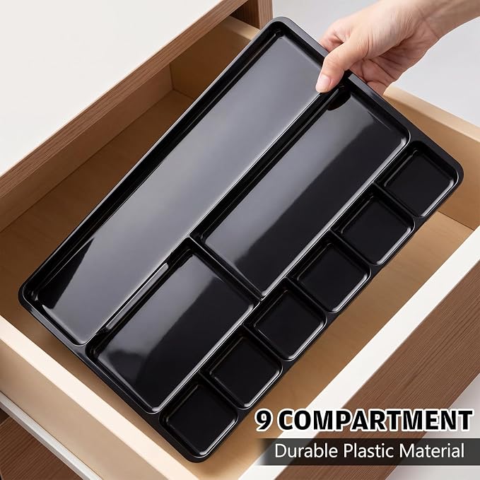 4 Pcs Desk Drawer Organizer Tray 14" x 9" x 1",Black | Shallow Desk Drawer Organizer with 9 Storage Compartments for Home Office Classroom School Organizing Pens Paper Clips