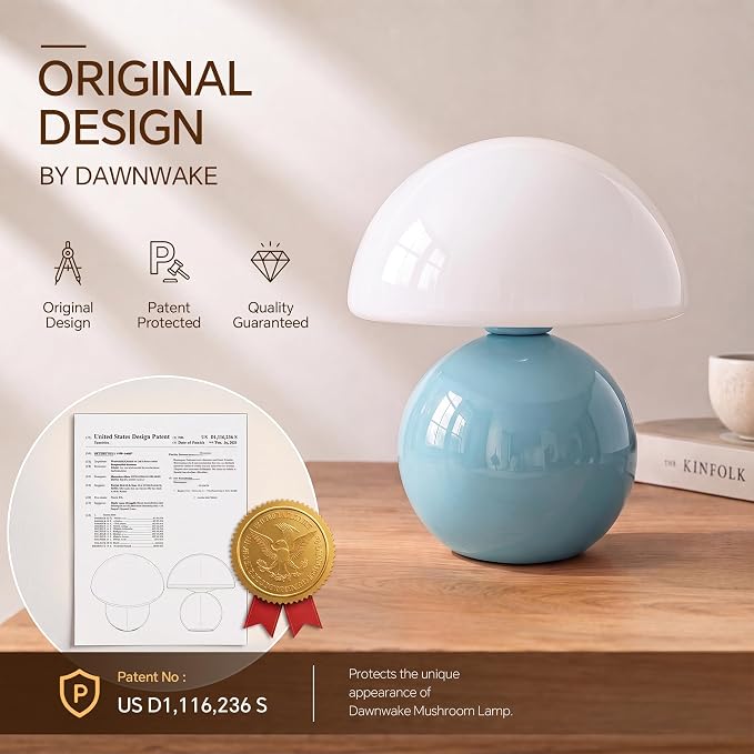 Mushroom Lamp Table Lamp for Bedroom-Small Desk Table Lamps,Blue | 8.7" Mid Century Modern Table Lamps for Living Room Bedroom Decor,Cute Ceramic Lamps for Mushroom Home Room Decor,Glass Shade